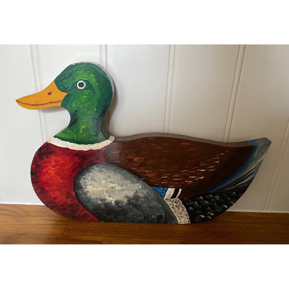 Vintage Hand Painted Wooden Mallard Duck Wall Plaque Folk Art Cabin Lodge Decor